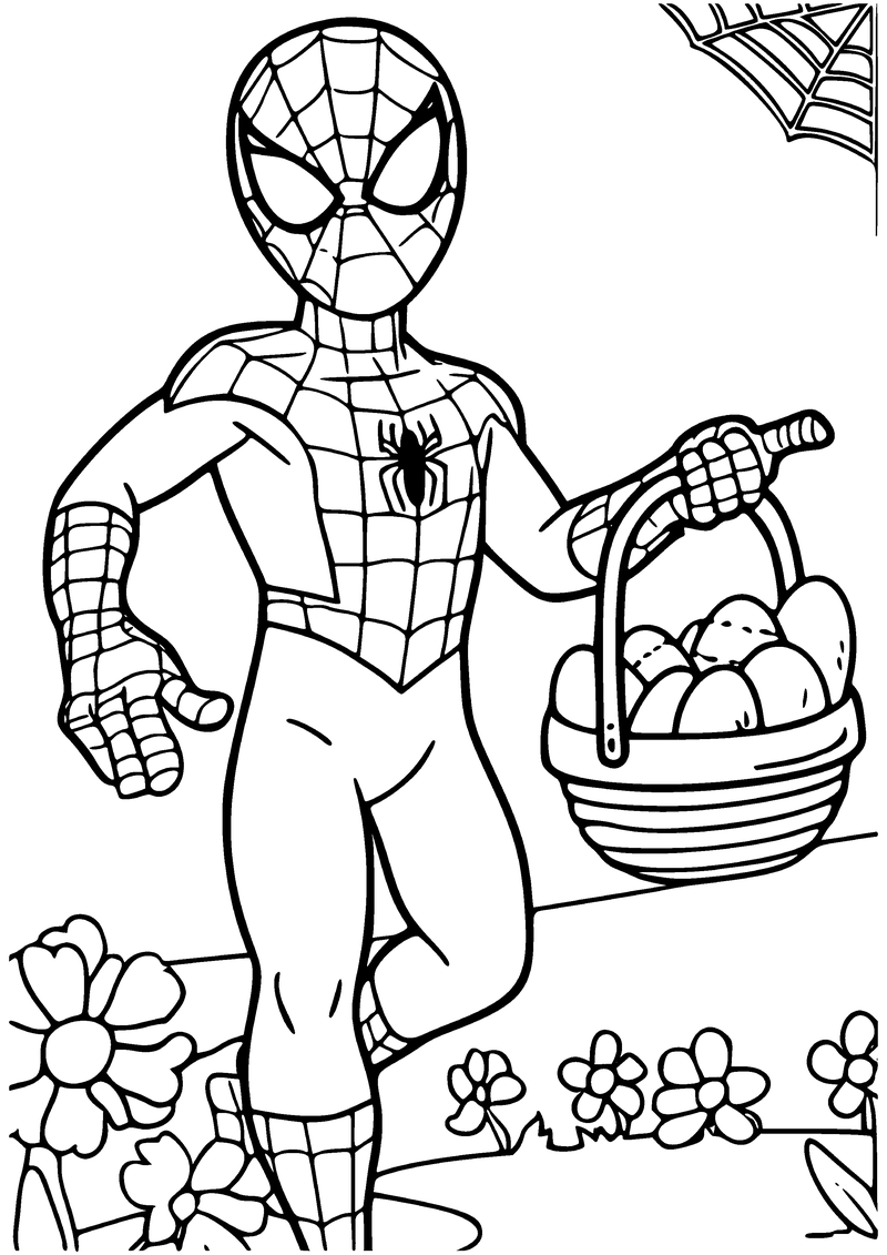 Kleurplaat van Spider-Man die door een bloemenweide loopt met een mand vol paaseieren in zijn hand