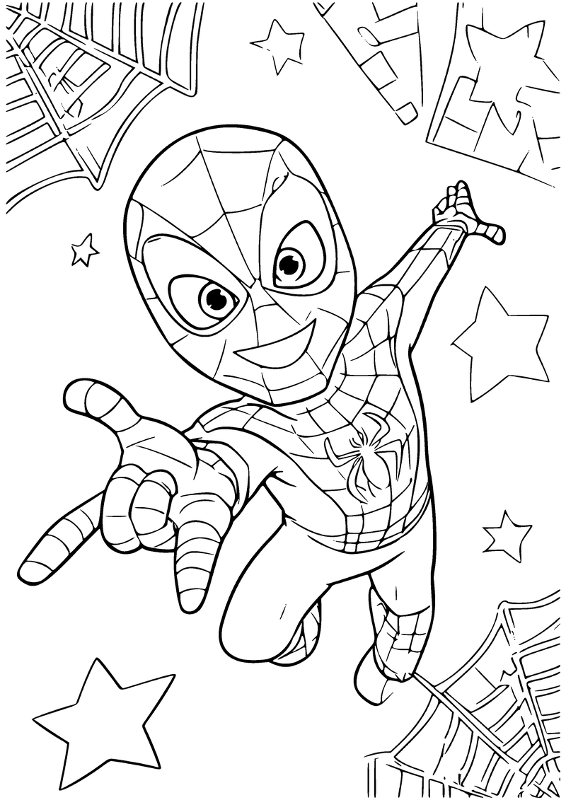 Kleurplaat van een vrolijke kleine Spider-Man die met één hand omhoog naar je toe springt, tussen sterren en webben