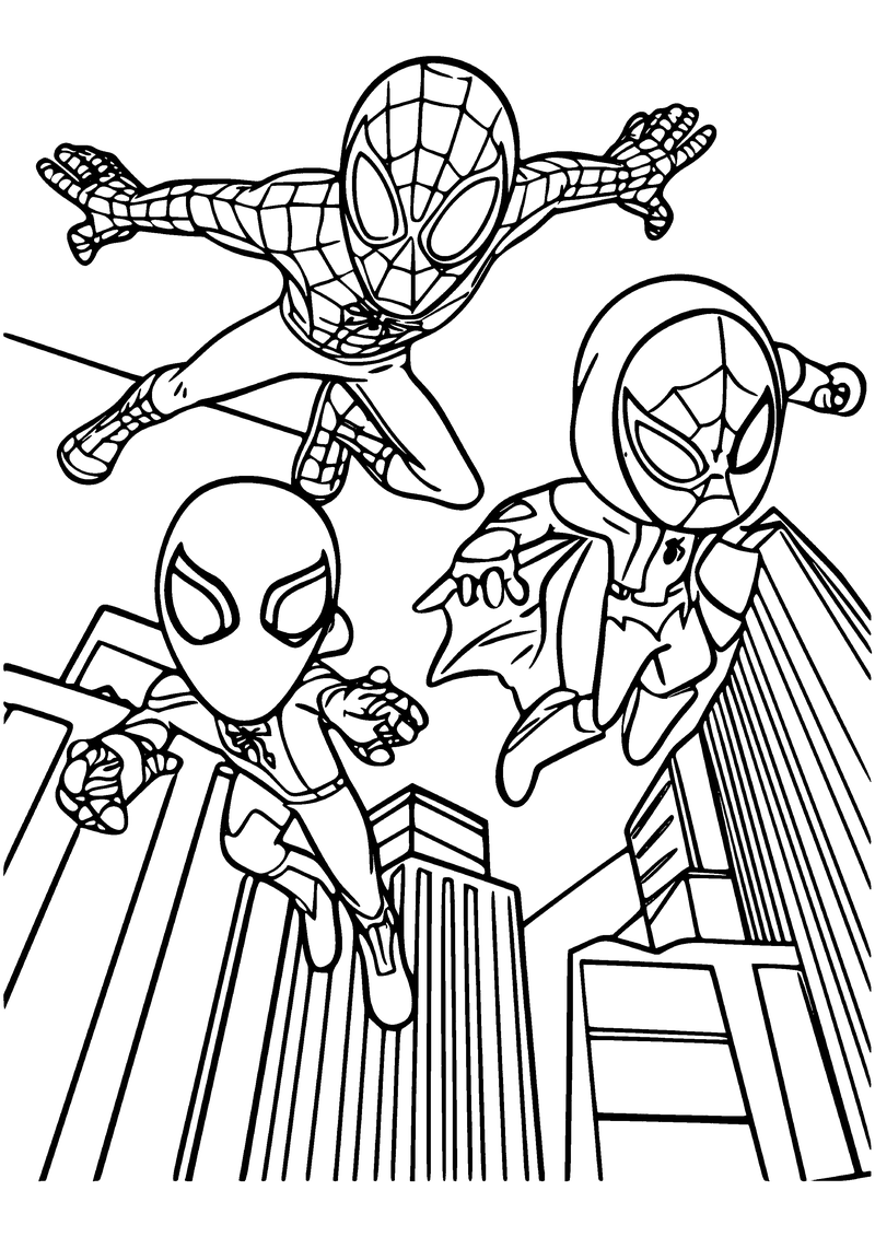 Kleurplaat van Spidey, Ghost-Spider en Miles Morales die samen tussen hoge wolkenkrabbers door de lucht springen