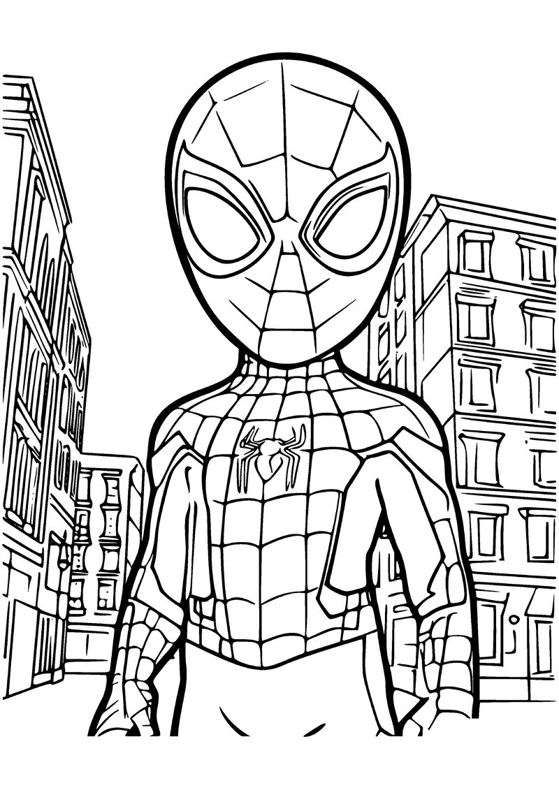 Kleurplaat van Spidey die stoer rechtop staat in een straat tussen hoge stadsgebouwen met veel ramen