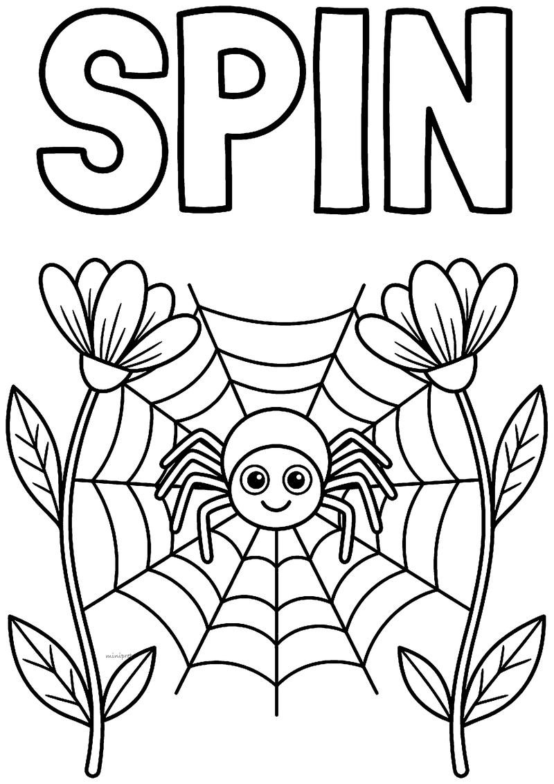 Kleurplaat van een lachende spin midden in een web tussen twee bloemen, met het woord SPIN erboven