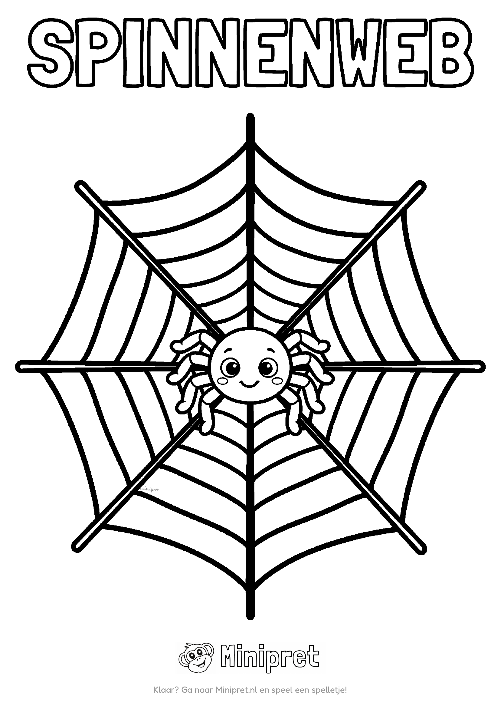 Spinnenweb (variant) kleurplaat — groot spinnenweb met spin in het midden en wat blaadjes eraan gehangen