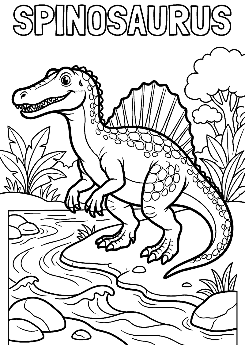 Kleurplaat van een spinosaurus met groot rugzeil en scherpe tanden aan de rand van een rivier