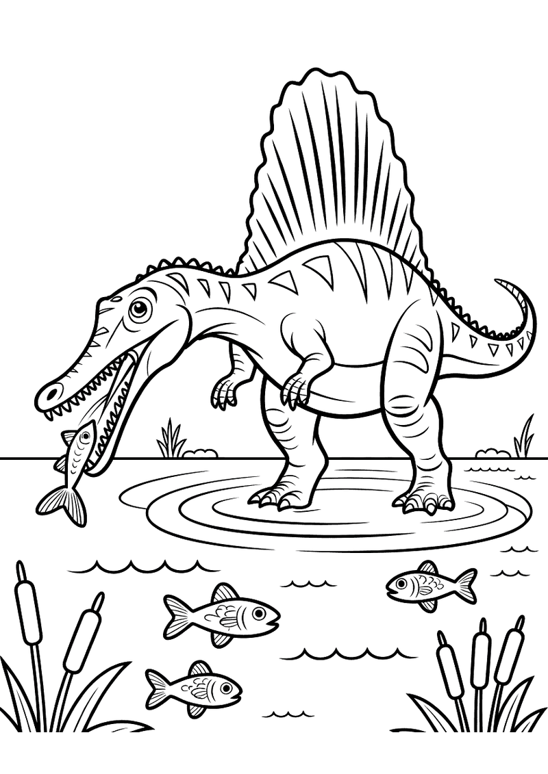 Kleurplaat van een Spinosaurus met hoge rugvin die staat in een ondiepe rivier en een vis in zijn bek houdt, omgeven doo