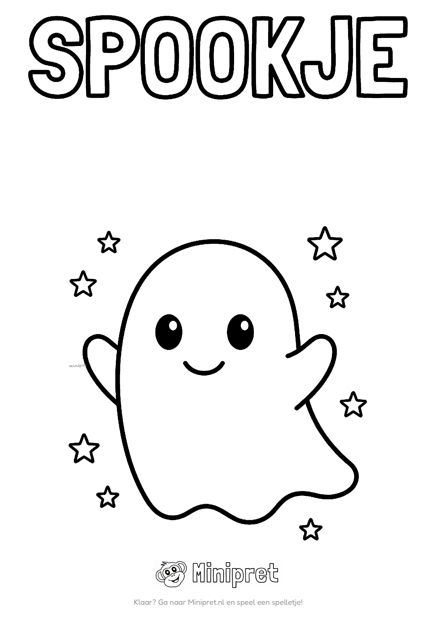 Spookje kleurplaat — klein vrolijk spookje met grote ronde ogen en open mond — schattig, niet eng
