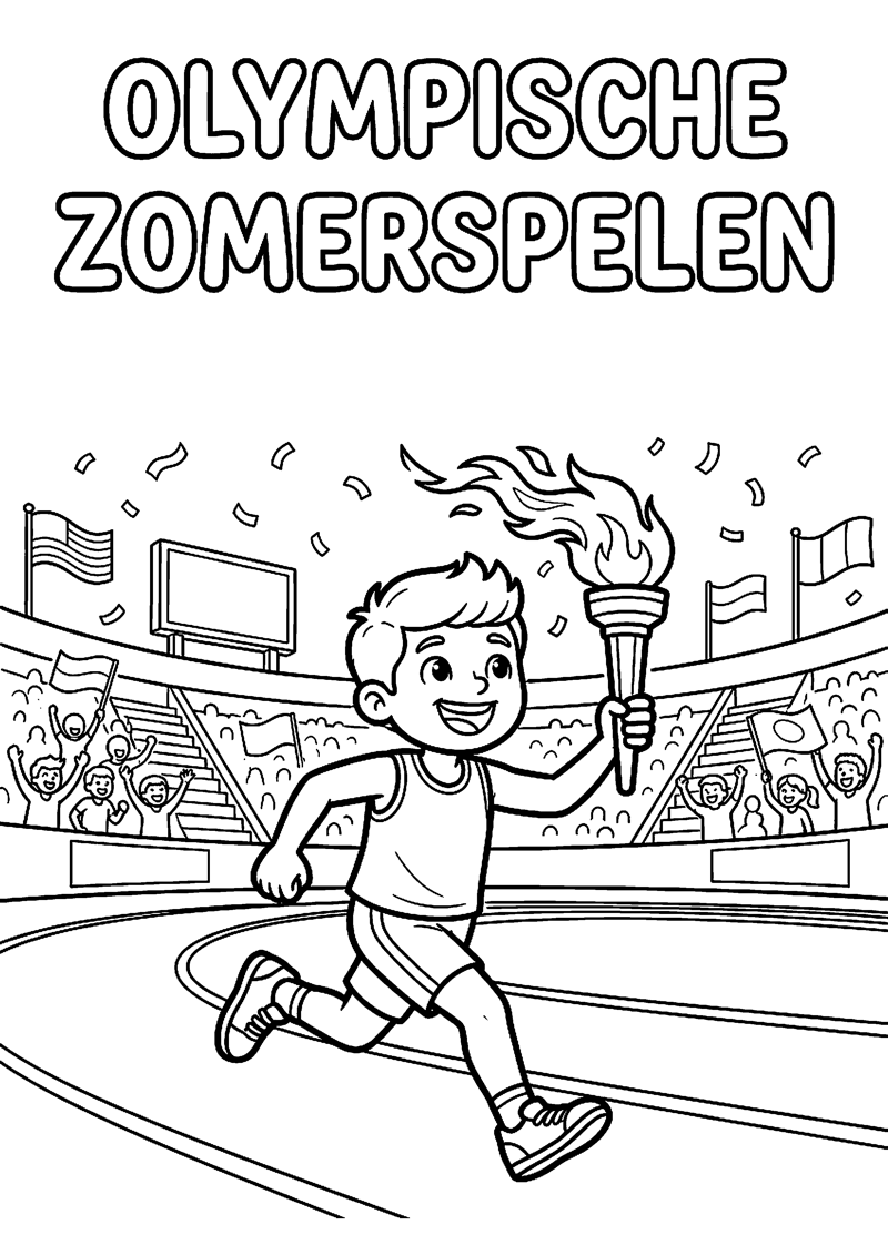 Sporter met Fakkel Stadion en Sportieve Sfeer met Tekst Olympische Zomerspelen Olympische Zomerspelen Kleurplaat — gratis kleurplaat printen