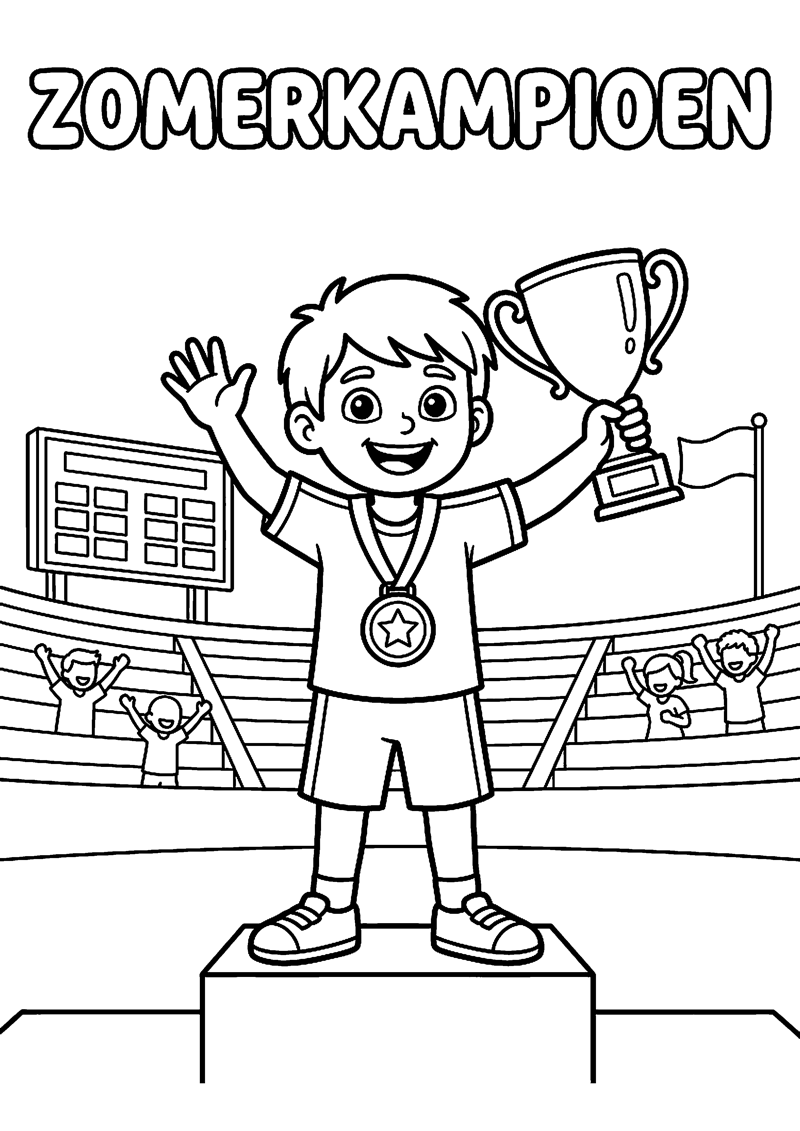 Sporter met Medaille en Beker in Stadion met Tekst Zomerkampioen Olympische Zomerspelen Kleurplaat — gratis kleurplaat printen