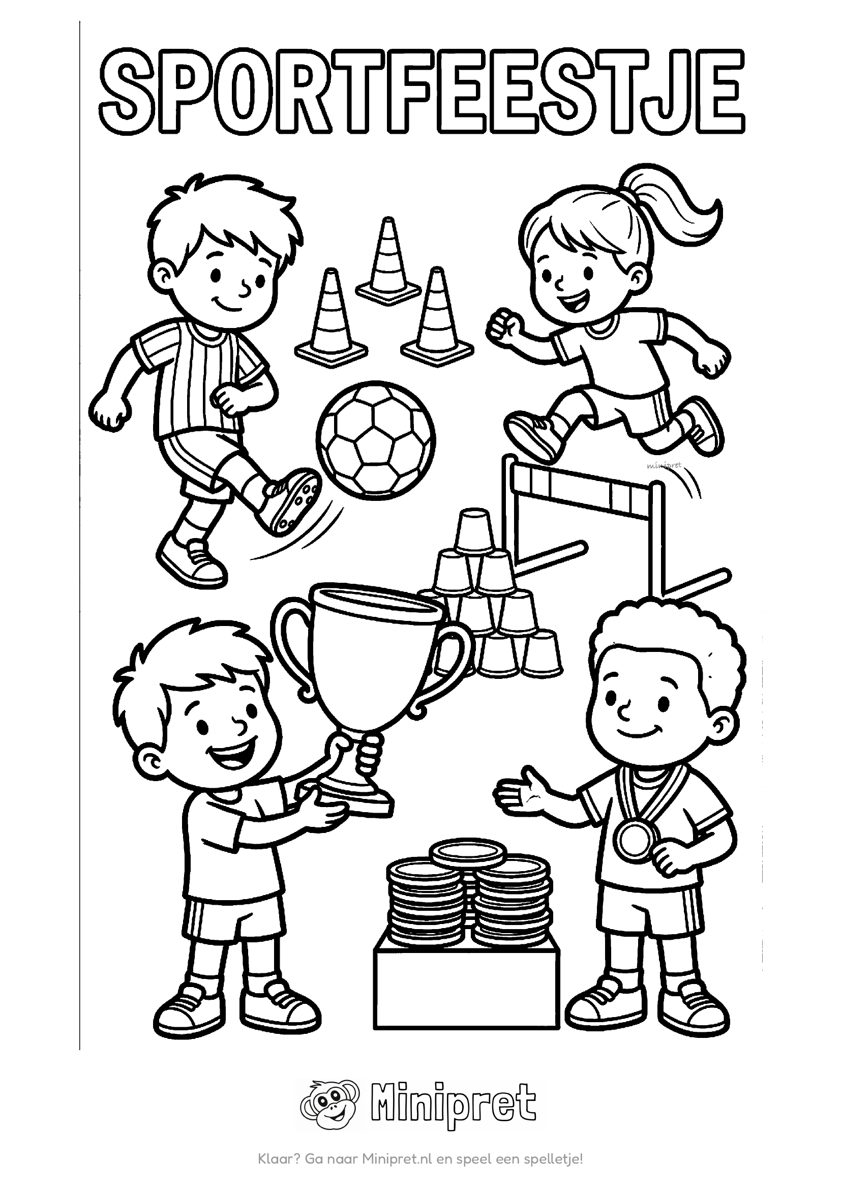 Sportfeestje kleurplaat — kinderen in sportkleren met ballen, een fluitje en medailles