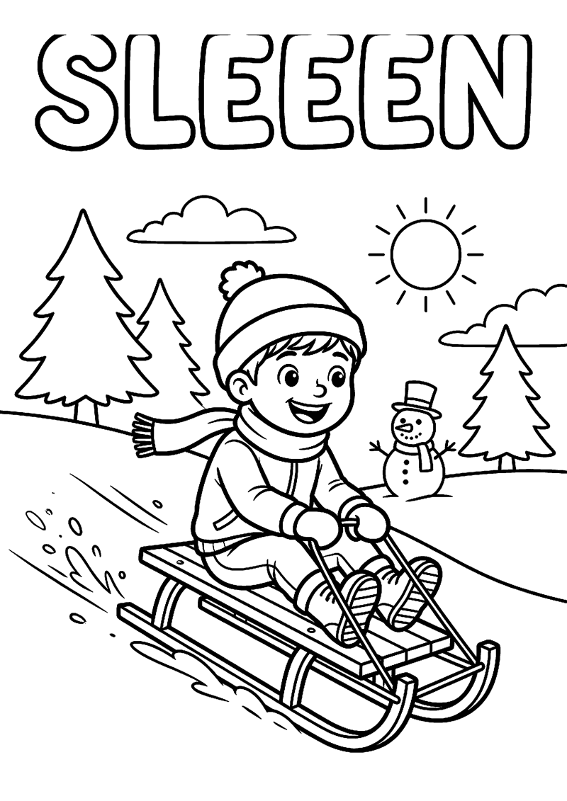 Sportieve Slee Scene op Sneeuwhelling met Tekst Sleeen Olympische Winterspelen Kleurplaat — gratis kleurplaat printen