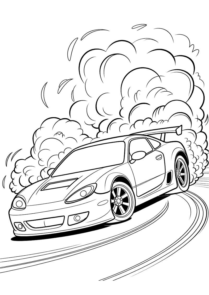 Sportwagen met achter spoiler drift in bocht met enorme rookwolken achter zijn wielen