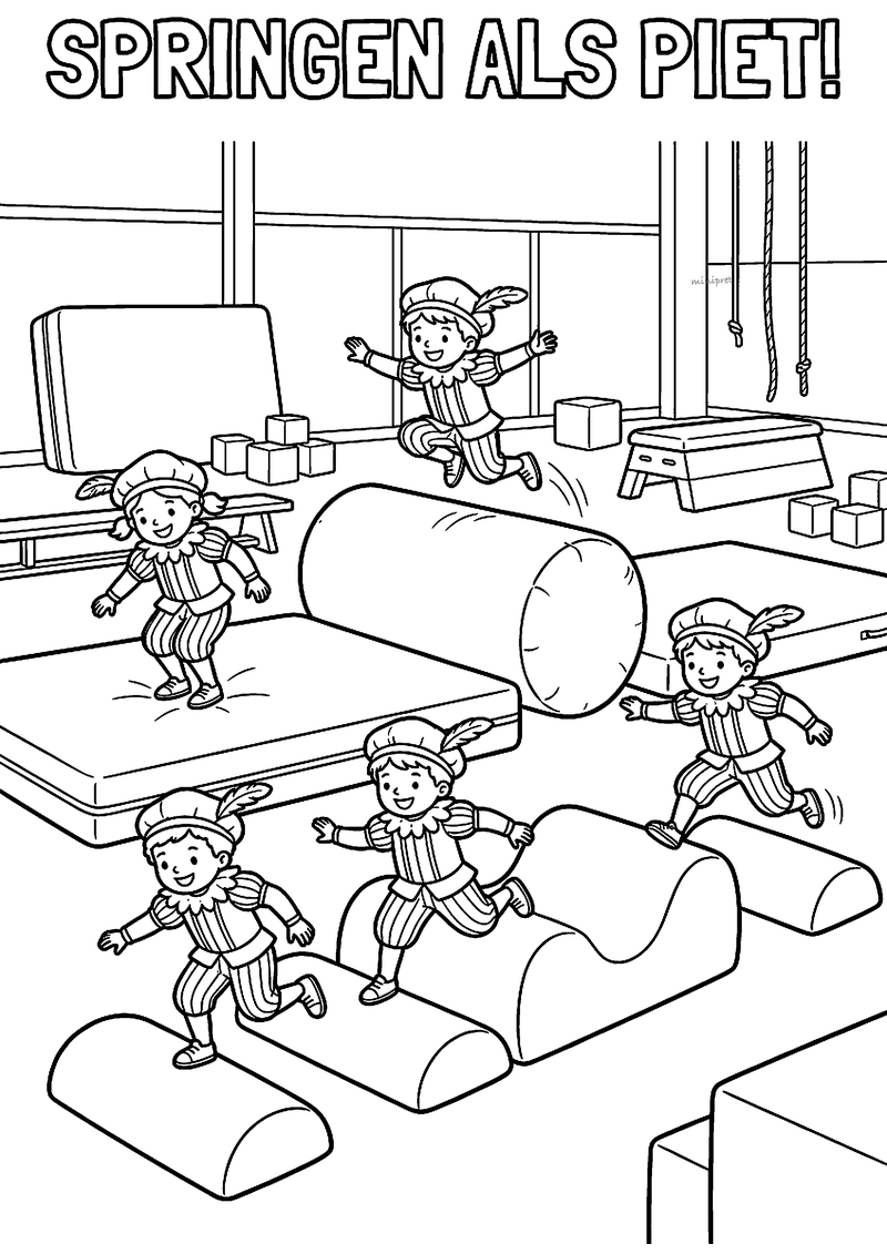Kleurplaat van vijf kleine Pieten die over matten en kussens springen in de gymzaal, titel Springen als Piet!