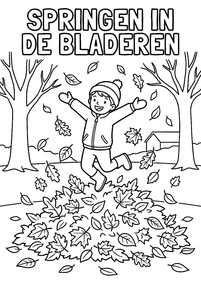 Kleurplaat van een kind met muts en wanten dat met gespreide armen in een grote hoop herfstbladeren springt