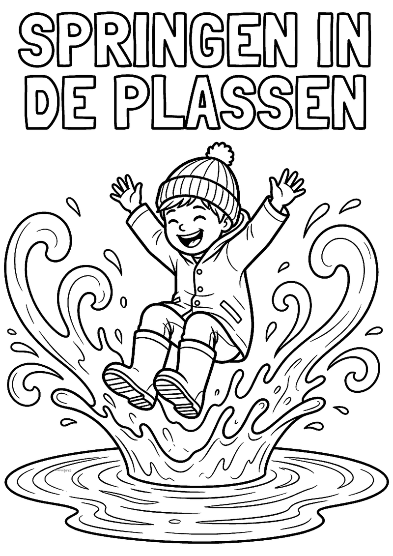 Kleurplaat van een lachend kind met muts en laarzen dat met beide voeten in een plas springt, met grote spetters