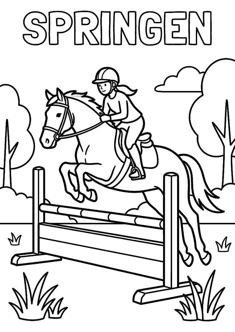 Kleurplaat van een meisje met cap op een paard dat over een hindernis met balken springt, met bomen erachter