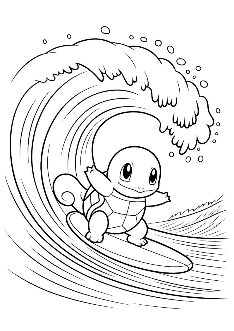 Squirtle surft op een golf kleurplaat — gratis kleurplaat printen