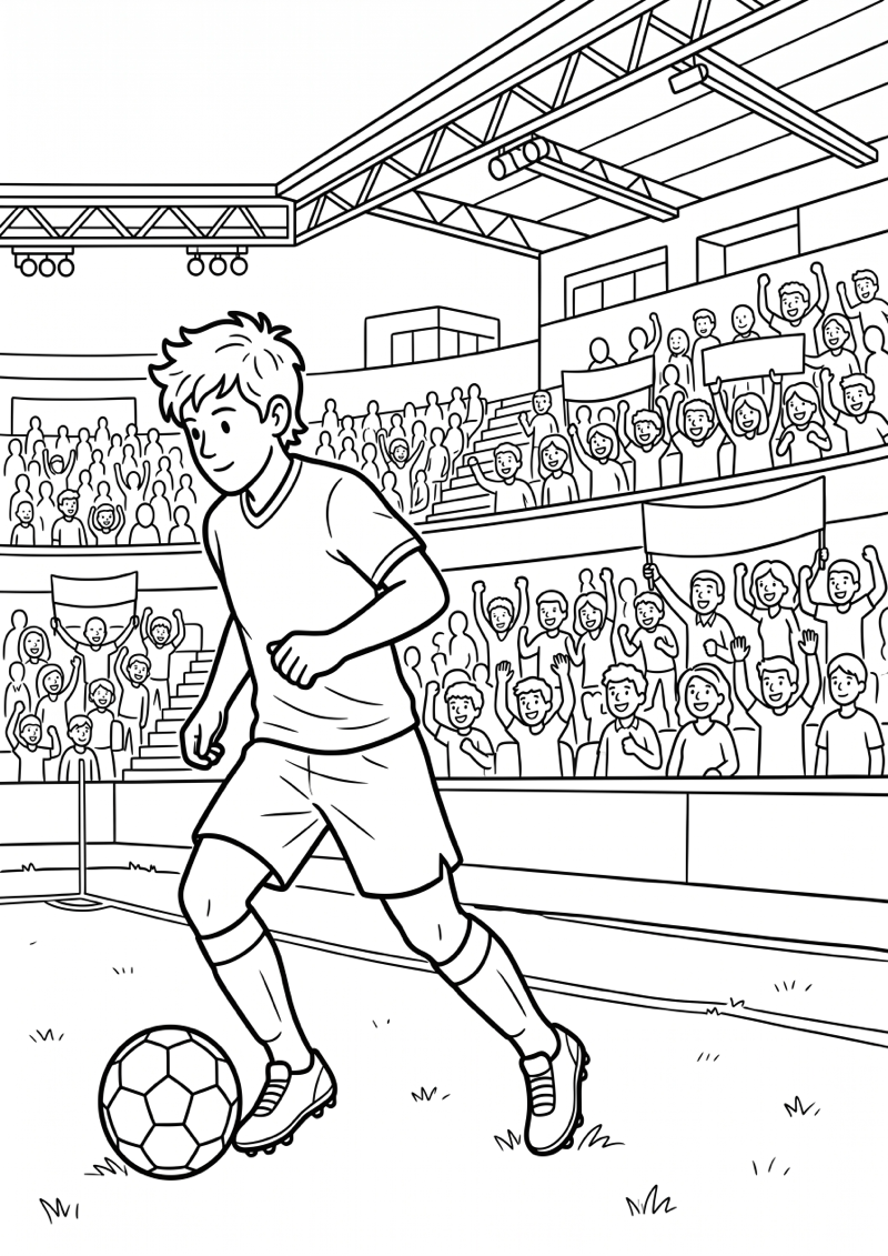Stadionscene met Fans en Speler Kleurplaat — gratis kleurplaat printen