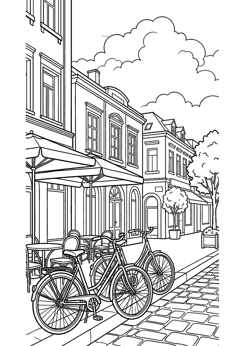 Kleurplaat van een straat met oude huizen, een terras met parasols, twee fietsen en een straat van kinderkopjes