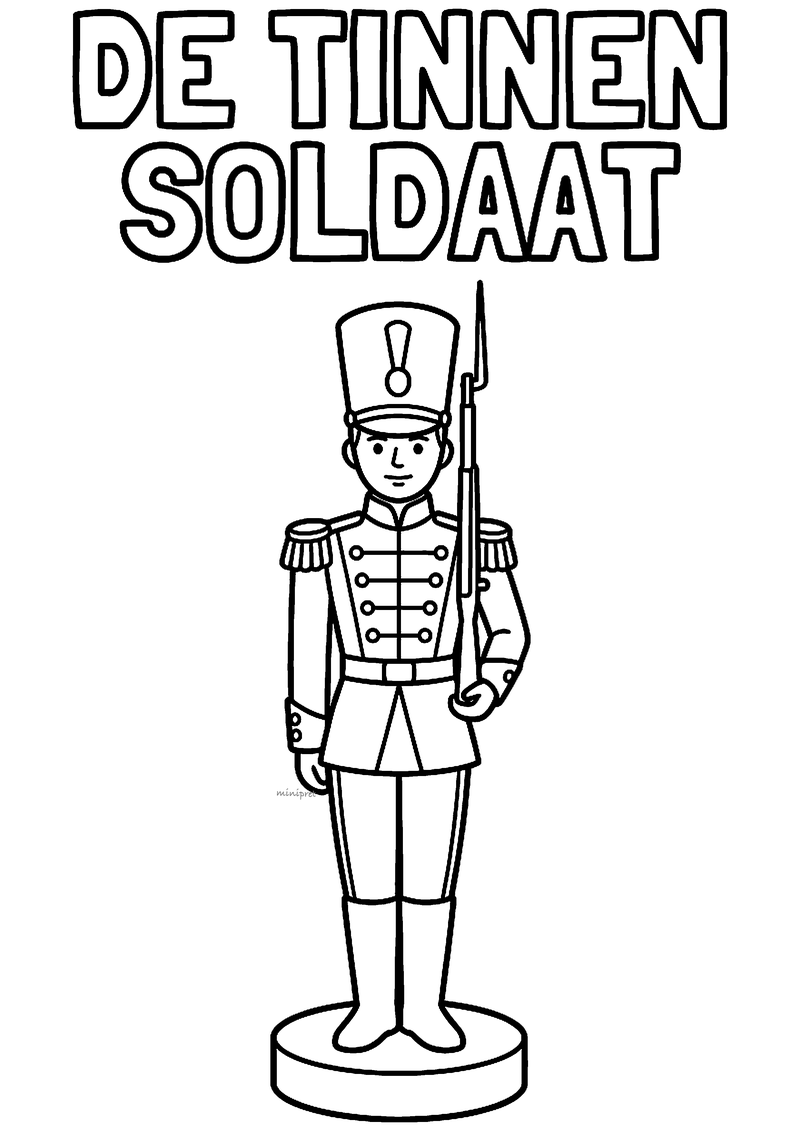 Kleurplaat van de tinnen soldaat in uniform met hoge muts en geweer op een rond voetstuk