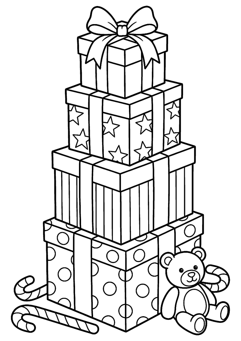 Stapel cadeaus kleurplaat