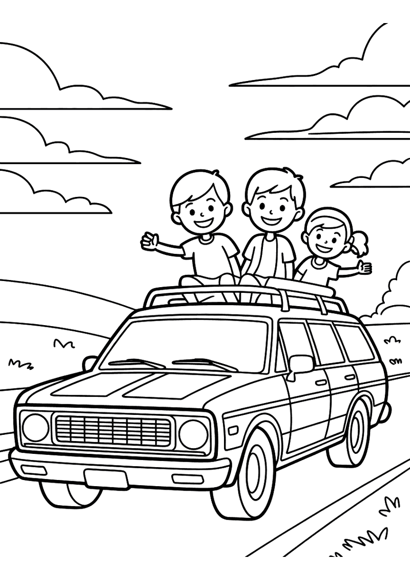 Kleurplaat van een stationwagen met drie vrolijke kinderen die uit het open dakraam hangen en zwaaien op een zomerse rit