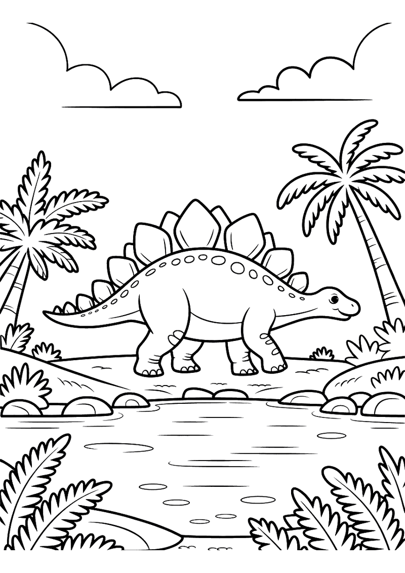 Kleurplaat van een Stegosaurus met grote rugplaten die langs een rivier loopt in een tropisch landschap met palmbomen en