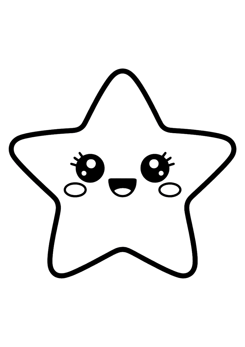 Kleurplaat van een eenvoudige grote kawaii ster met dikke randen, grote ogen, blosjes en een lachend mondje.