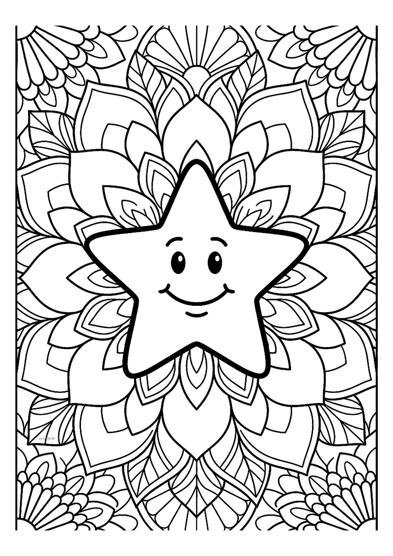 Kleurplaat van een mandala met in het midden een grote lachende vijfpuntige ster omringd door lagen bloembladen