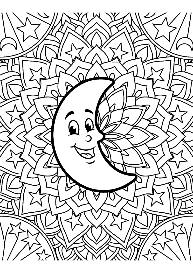 Kleurplaat van een mandala met een lachende maansikkel in het midden, omringd door bloembladen en veel sterren
