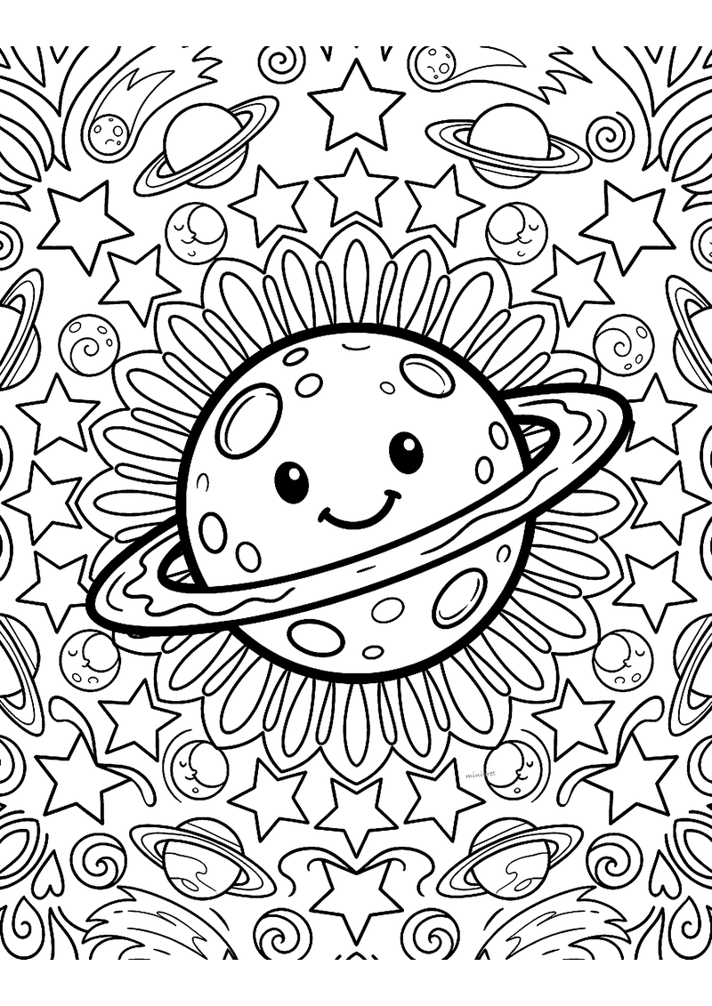 Kleurplaat van een mandala met een lachende planeet met ring in het midden, omringd door sterren en kleine planeten