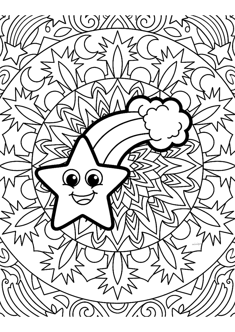 Kleurplaat van een mandala met een lachende ster met regenboogstaart in het midden, omringd door sterren en maantjes