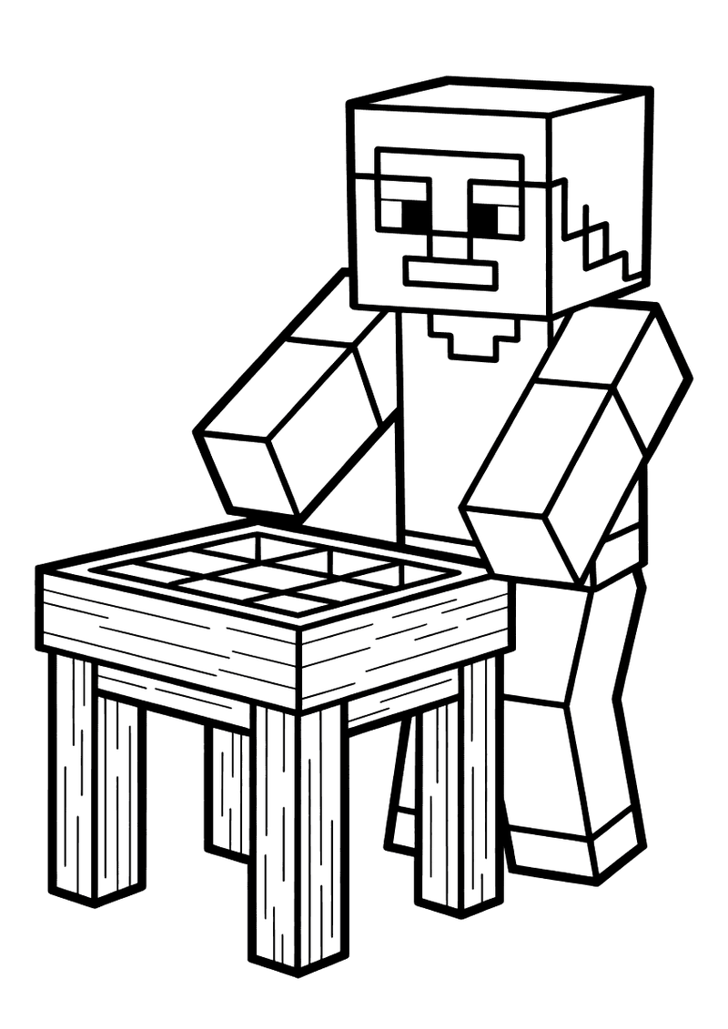 Steve maakt items aan de crafting table kleurplaat — gratis kleurplaat printen