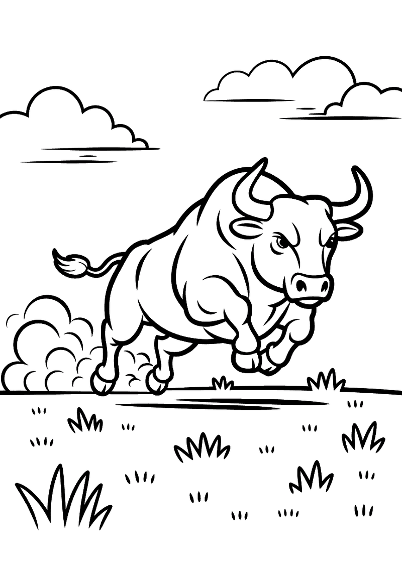 Kleurplaat van een krachtige stier die aanvalt en vol kracht over een grasveld gallopeert met bewolkte lucht op de achte