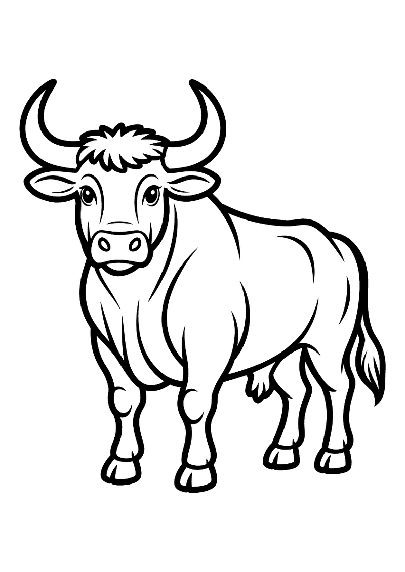 Kleurplaat van een stevige stier die frontaal staat met brede schouders, indrukwekkende gekromde hoorns en een zware bou