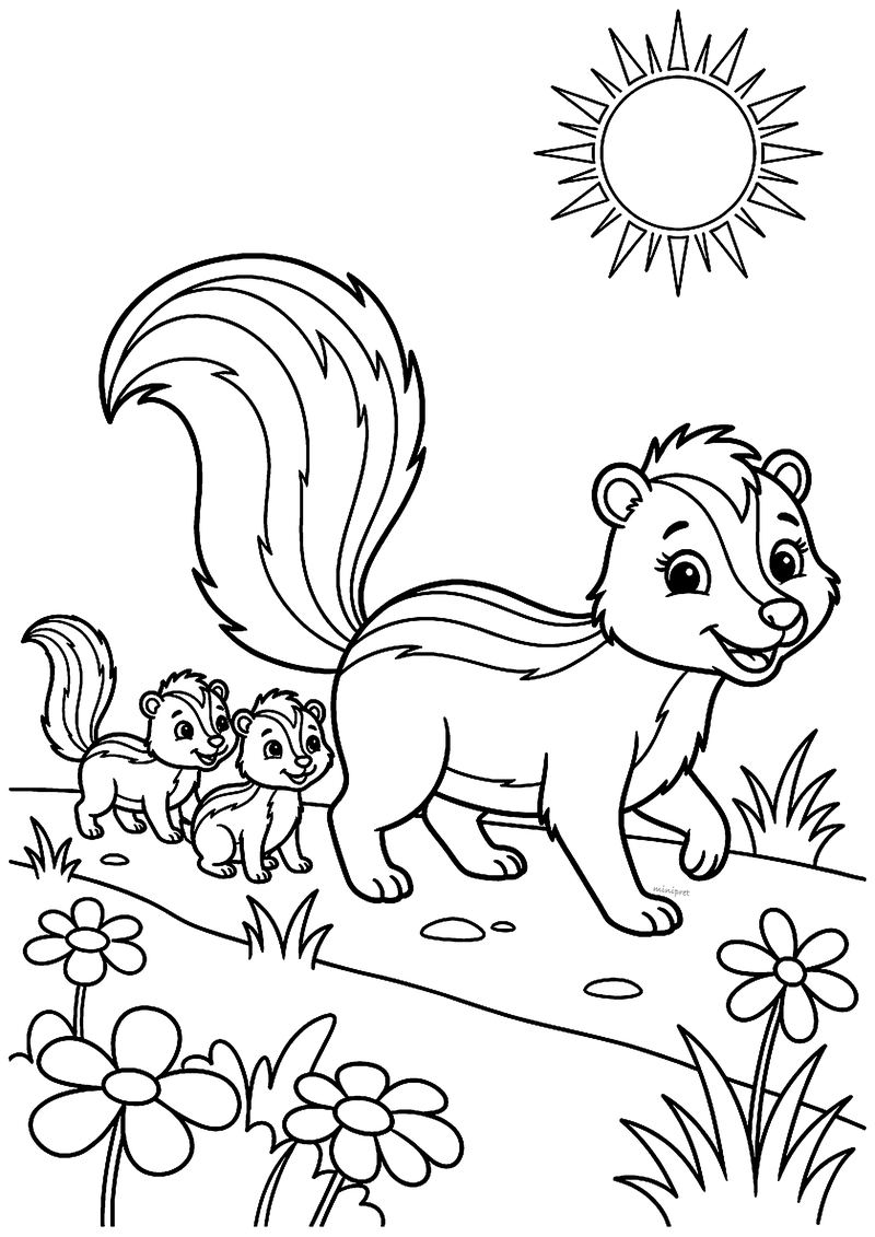 Kleurplaat van een mama stinkdier met pluimstaart die over een pad loopt met twee jongen achter zich aan