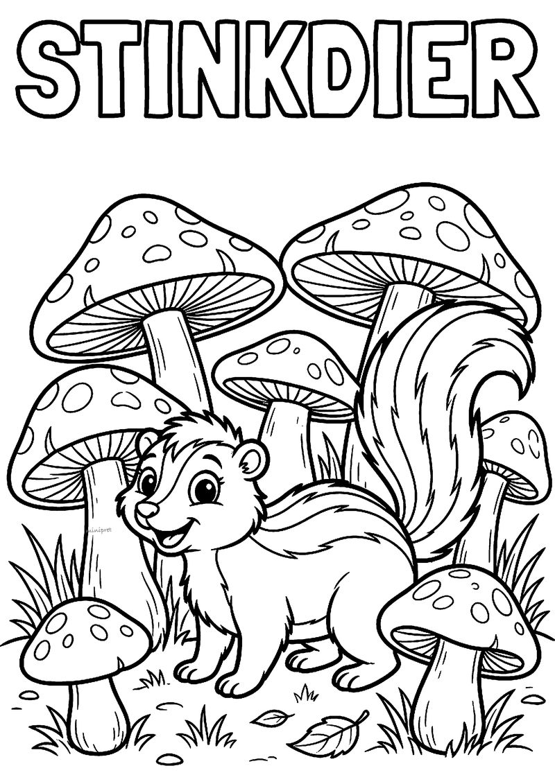 Kleurplaat van een vrolijk stinkdier met pluimstaart tussen grote gestippelde paddenstoelen, met STINKDIER erboven