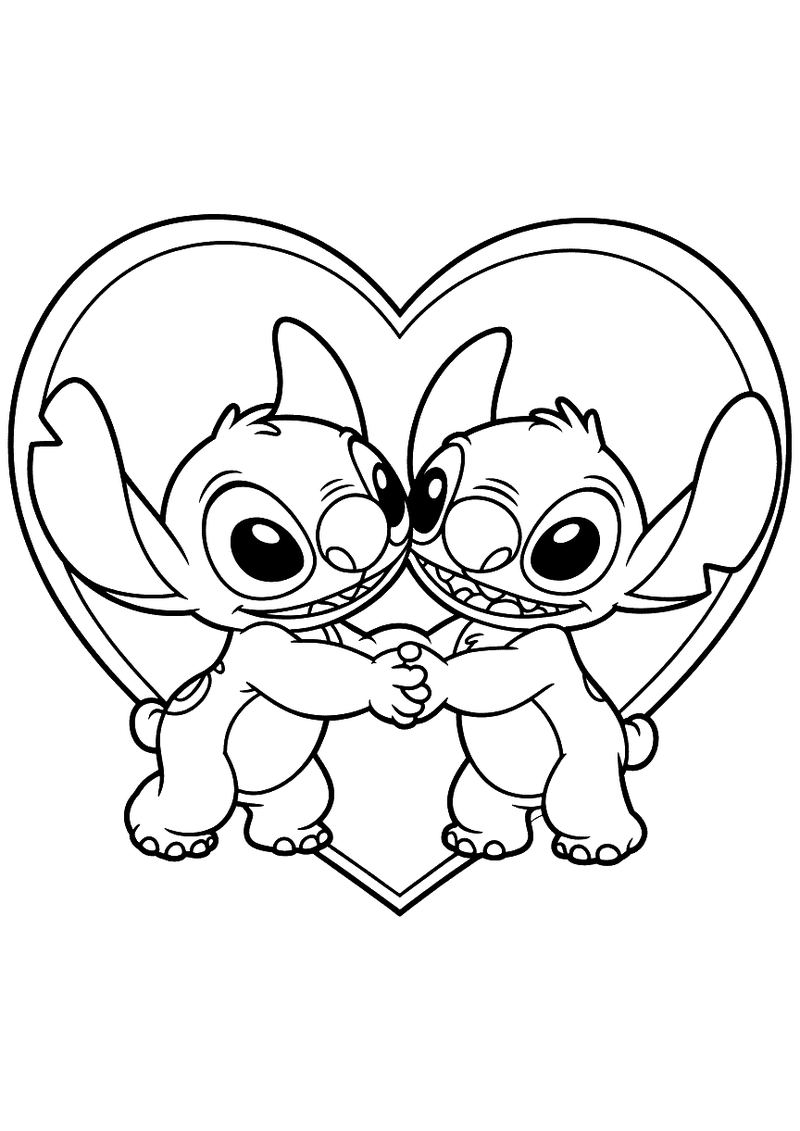 Stitch en Angel Romantisch Hart Kleurplaat — gratis kleurplaat printen