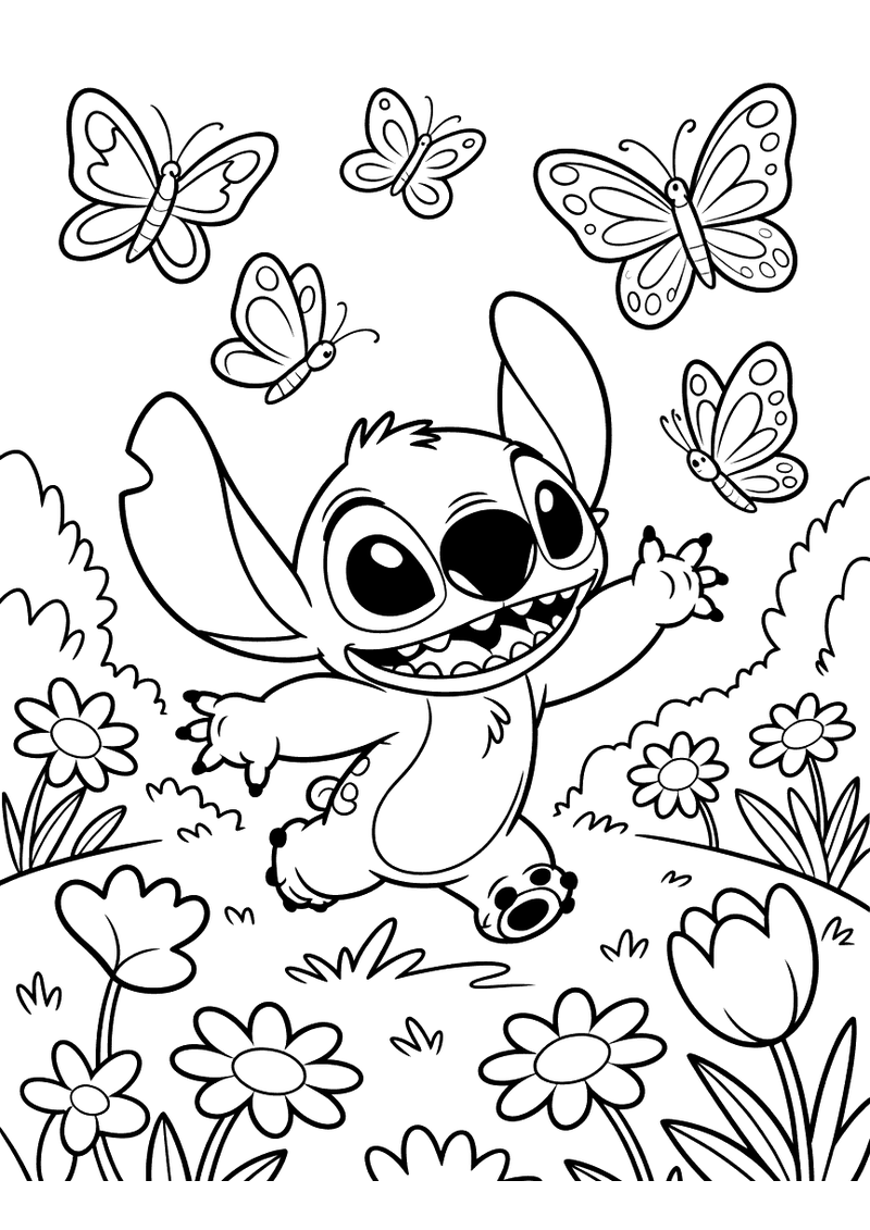 Stitch Achtervolgt Vlinders Kleurplaat