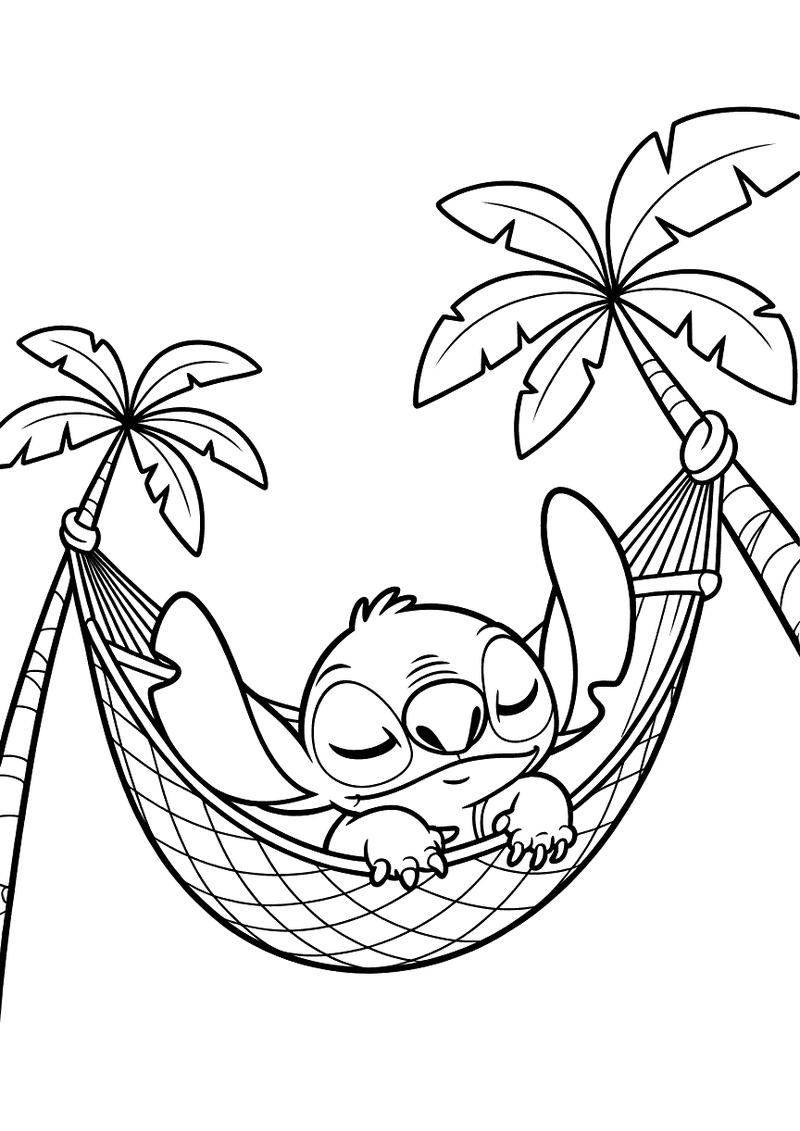 Stitch doezelt in hangmat kleurplaat — gratis kleurplaat