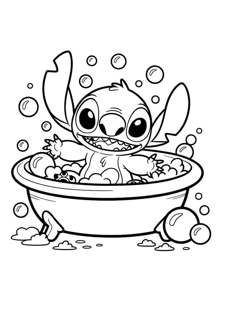Stitch in bellenbad kleurplaat — gratis kleurplaat