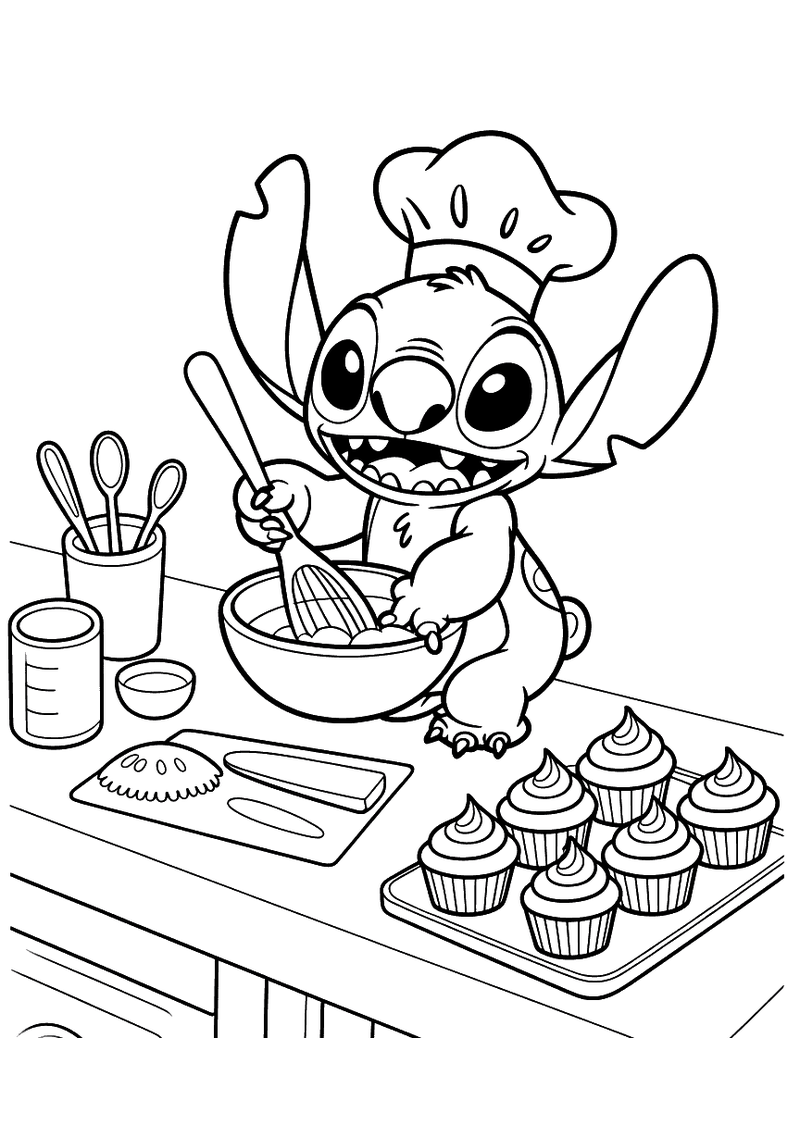 Stitch bakt cupcakes kleurplaat — gratis kleurplaat