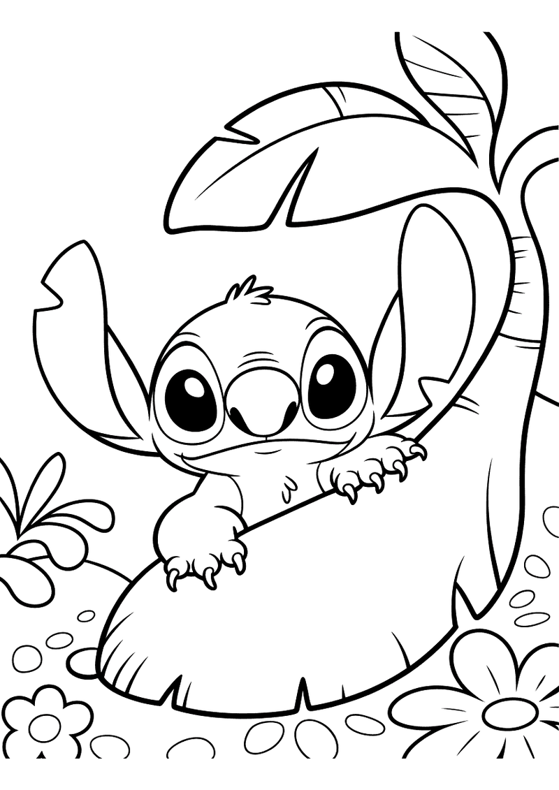 Stitch verstopt achter een plant kleurplaat — gratis kleurplaat
