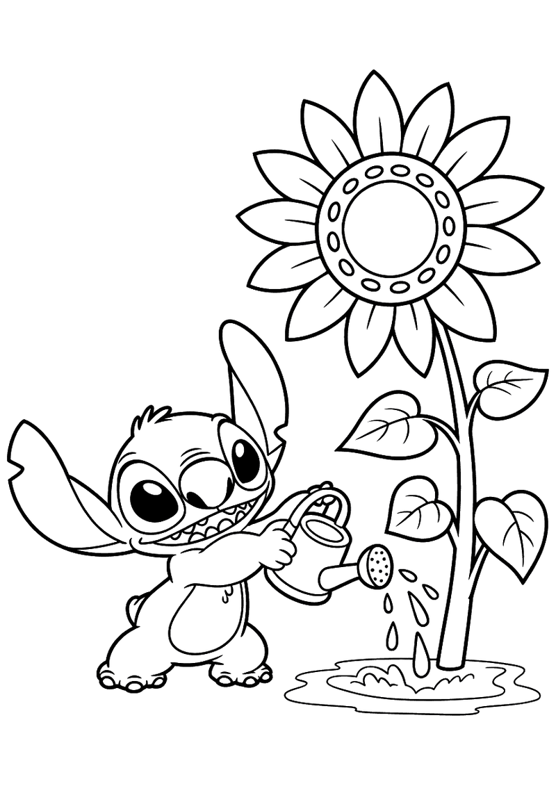 Stitch begiet zonnebloem kleurplaat — gratis kleurplaat