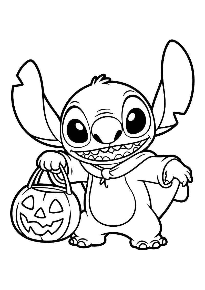 Stitch met Halloween pompoentas kleurplaat — gratis kleurplaat