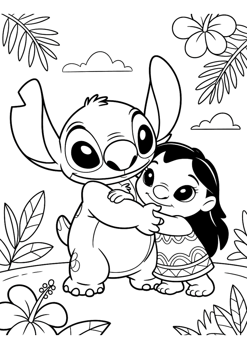 Stitch en Lilo samen op hawaii kleurplaat — gratis kleurplaat printen