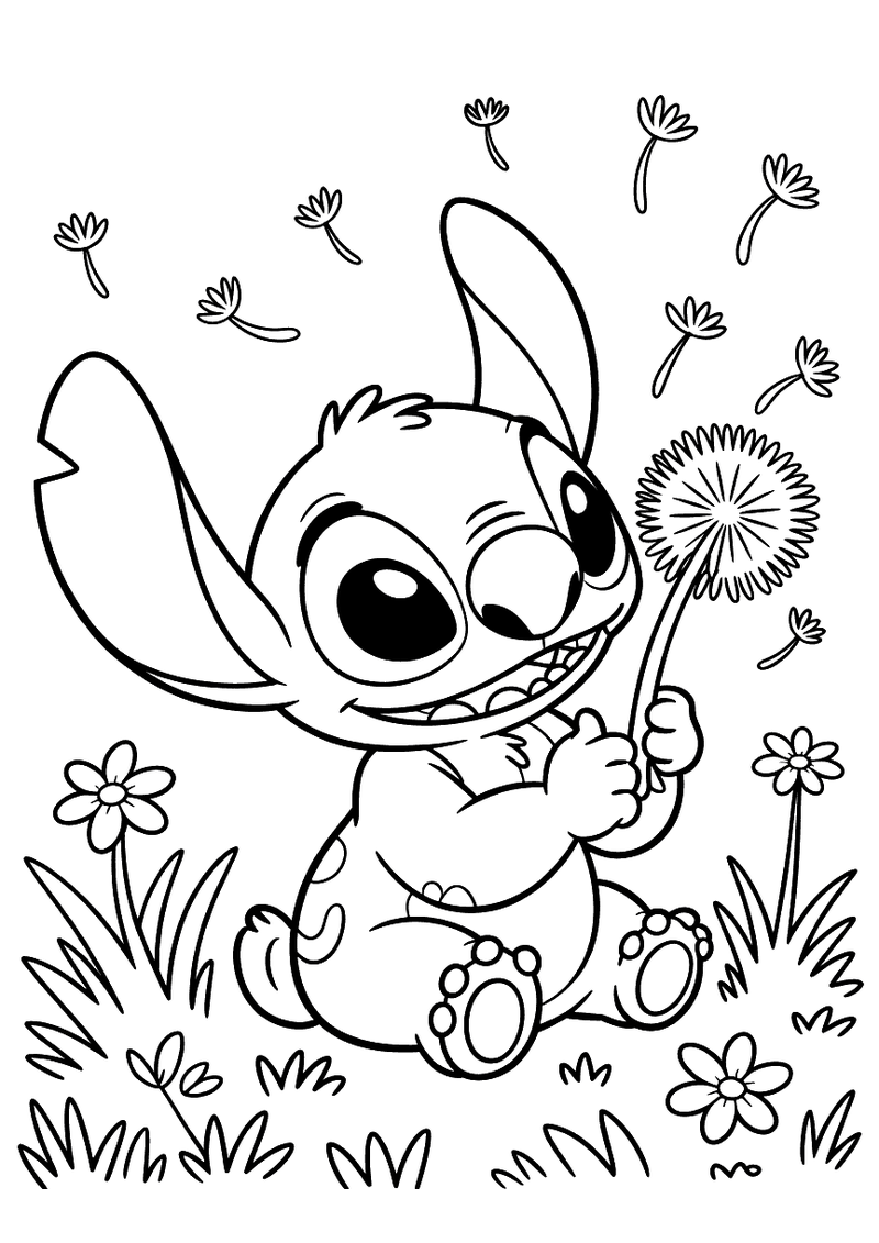 Stitch met paardenbloem kleurplaat — gratis kleurplaat printen