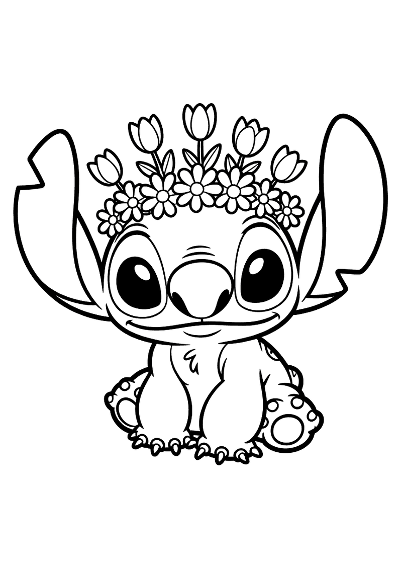 Stitch met bloemenkrans kleurplaat — gratis kleurplaat printen