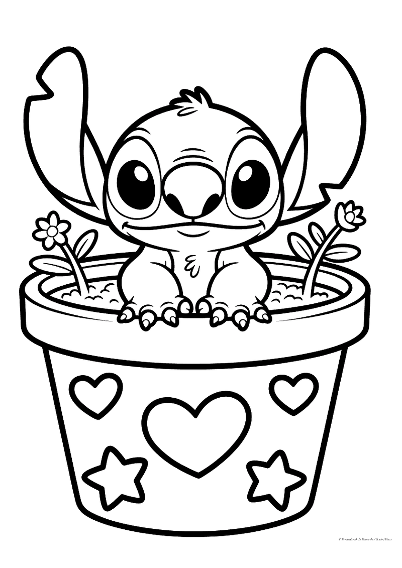 Stitch in een bloempot kleurplaat — gratis kleurplaat printen