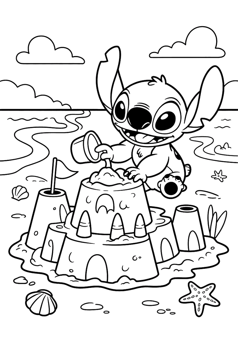 Stitch bouwt een zandkasteel op het strand kleurplaat — gratis kleurplaat