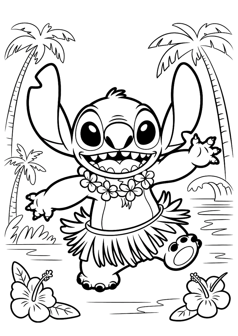 Stitch danst hula kleurplaat — gratis kleurplaat