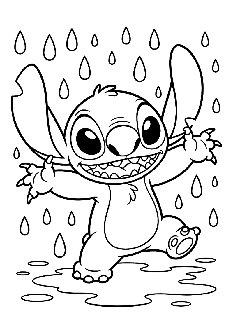 Stitch danst in de regen kleurplaat — gratis kleurplaat printen